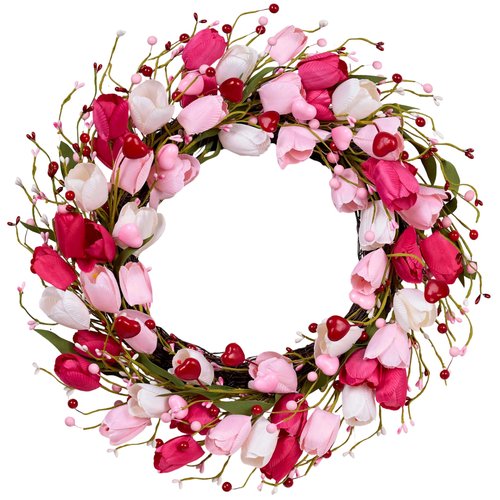 MAINGKAUNG Valentines Day Decorations 20 Inch Valentine's Day Wreath Pink Valentine Wreaths for Front Door with Red Love Heart Berries Pink Tulips Wedding Anniversary Decor