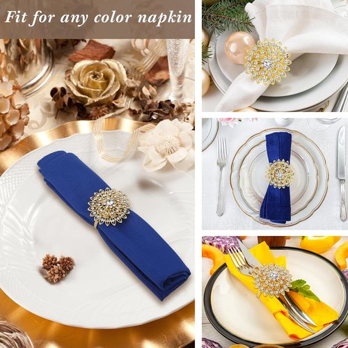 Geiserailie 80 Pcs Gold Flower Napkin Rings Alloy Floral Crystal Rhinestone Bling Holiday Shiny Napkins Ring Holders for Wedding Bridal Valentine's Day Birthday Dinner Party Table Home Decoration