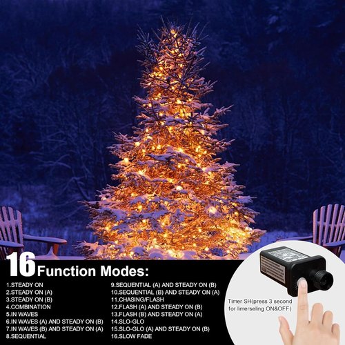 LAMPHOME 66ft Golden Christmas Decorative Mini Lights,200 LED Green Wire Fairy Starry String Lights Plug in, 16 Lighting Modes for Indoor Outdoor Xmas Tree Wedding Party (Yellow)