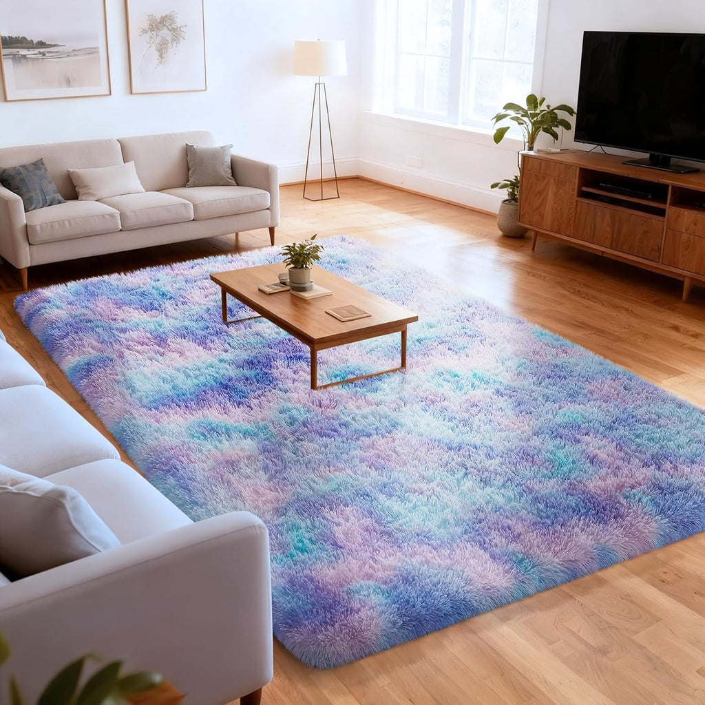 Ophanie Rainbow Purple Mermaid Area Rug - Soft Fluffy Shag Carpet for Kids' Room | 6x9 Size