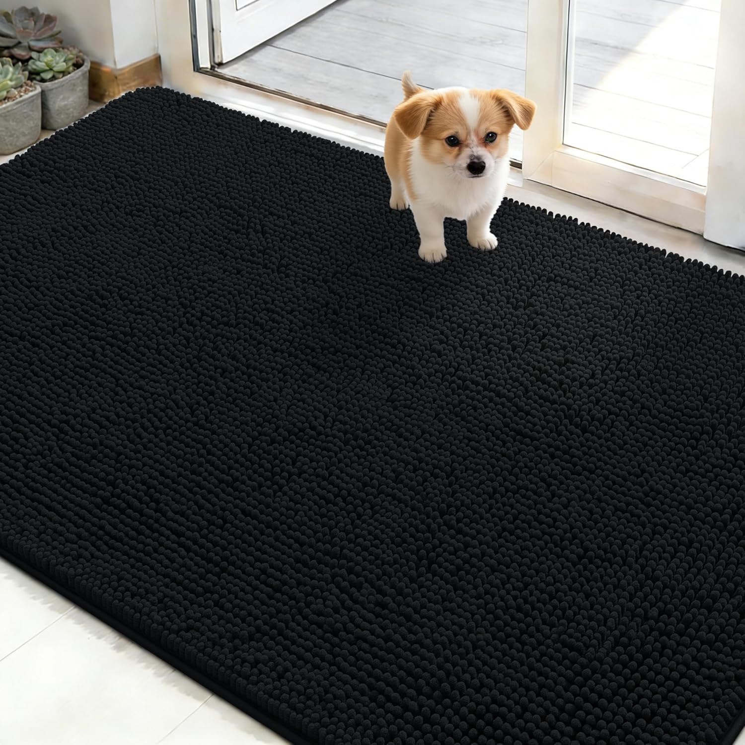 OLANLY Dog Door Mat - Absorbent Non-Slip Chenille for Muddy Paws | 48x30 Black Indoor Entryway Carpet