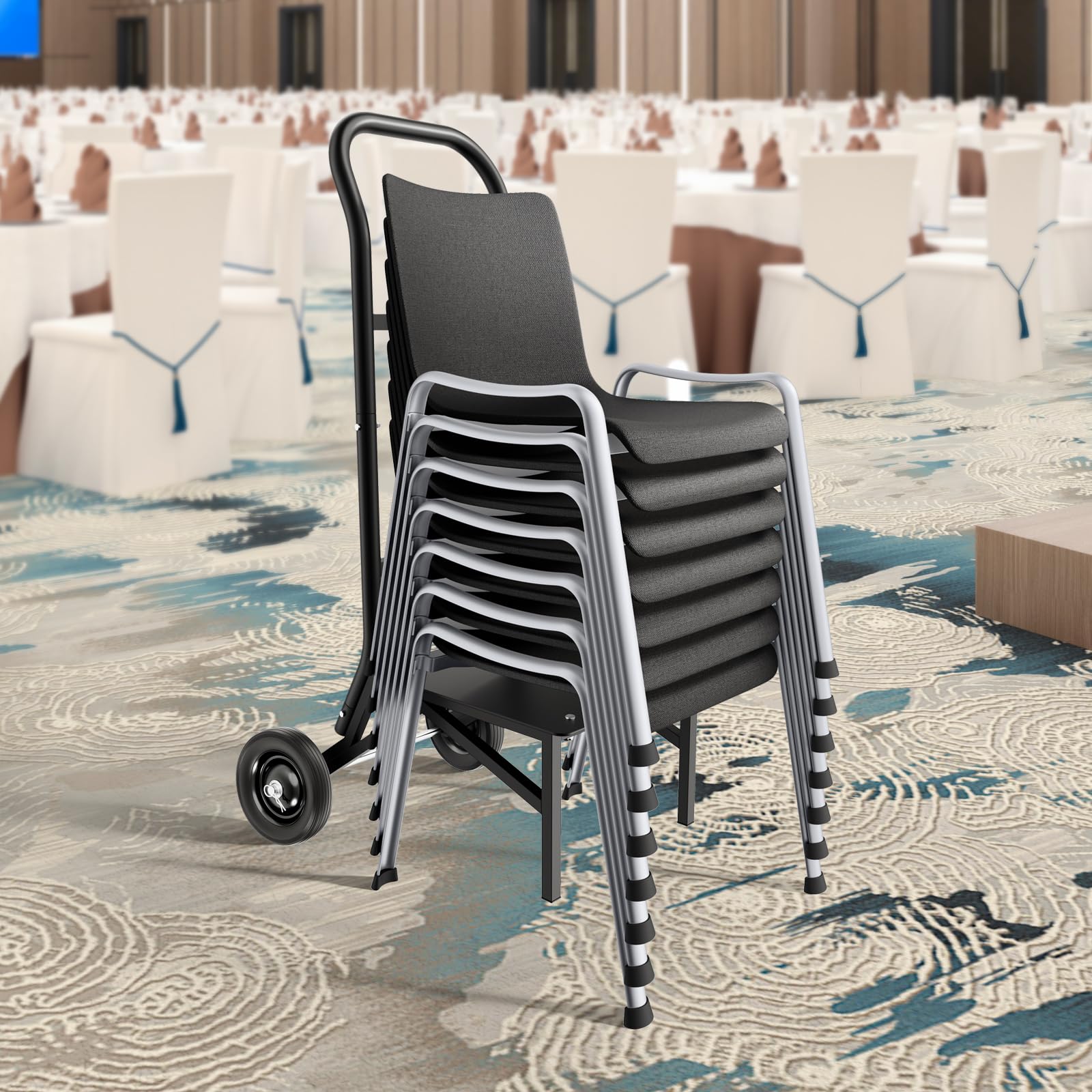 VEVOR Folding Chair Rack, 150 LBS Capacity, Heavy-Duty Chair Cart for Stacking 10 Chairs, Multi-Function Metal Chair Storage Dolly with Rubber Wheels, Push-Style Chair Holder, Matte Black