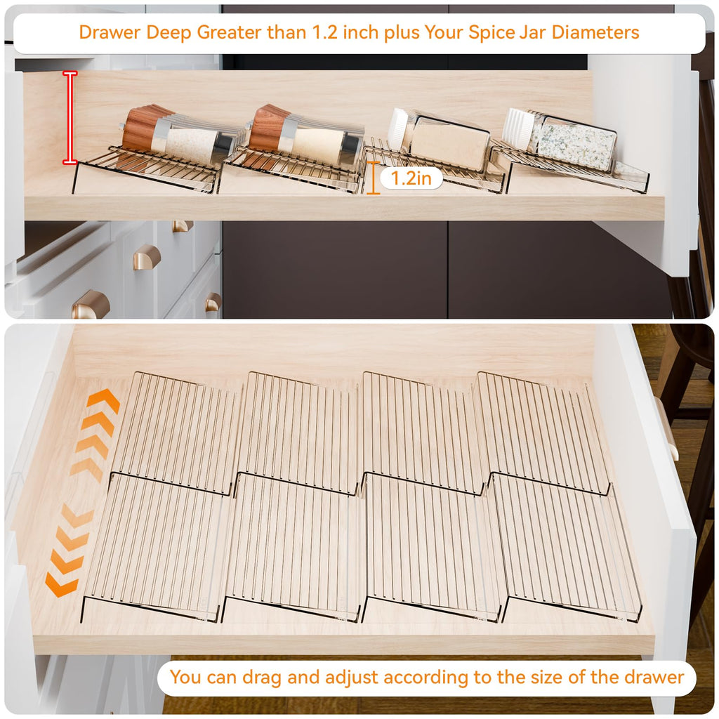 Yieach 4 Pack Adjustable Narrow Spice Rack for Drawer - Expandable From 9" to 17.7" - Acrylic Drawer Seasoning Organizer,Tiered Clear Spice Tray for Spices,Condiment,Nail Polish and Jar Organization