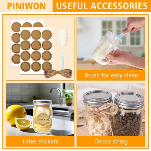 PINIWON 12 oz Mason Jars with Lids and Bands, 20 Pack Regular Mouth Canning Jars, Clear Glass Jars for Canning, Pickling, Food Storage, DIY Projects, 36 Labels, Brush & String Included
