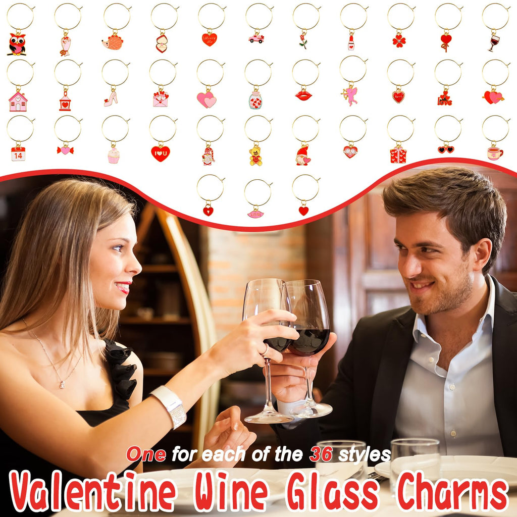 Qumenan 36 Pcs Valentines Wine Glass Charms Stem Glasses Markers for Cocktail Tasting Party Favors Decorations Supplies
