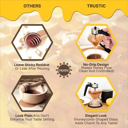 Trustic - Honey Dispenser, Glass Honey No Drip Pot with Stand, 7 oz Bee-Themed Storage Jar, Maple Syrup Clear Container with Holder