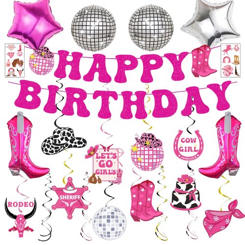 34pcs Disco Cowgirl Birthday Party Decorations, Western Cowgirl Party Decorations Hot Pink Happy Birthday Banner Disco Cowgirl Balloon Last Rodeo Bachelorette Party Decor Supplies for Women Girls