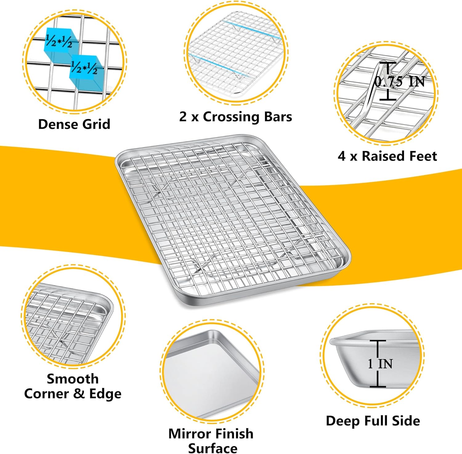 P&P CHEF Toaster Oven Pan Set - 10.4 Inch Stainless Steel Baking Tray & Cooling Rack | Dishwasher Safe, Non-Toxic, Easy to Clean