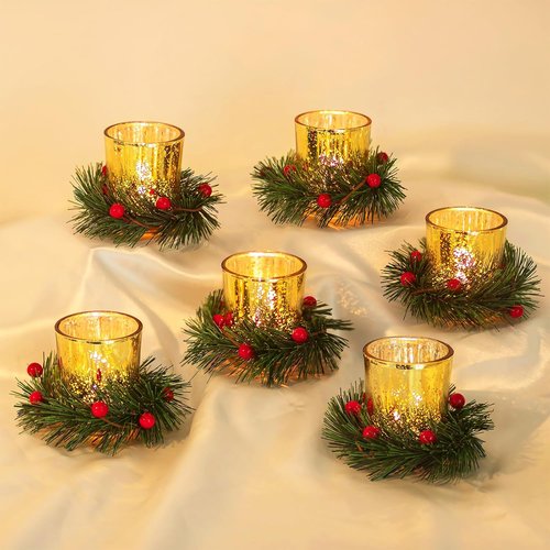 Hewory Tealight Candle Holders - Set of 6 Decorative Gold Xmas Wreath Votives for Holiday Centerpieces