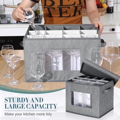 Uiifan 4 Pcs Wine Glass Storage Box with Dividers 12 Compartment Stemware Storage Cases China Container Box with Lid, Handles, PVC Window for Moving, Gray
