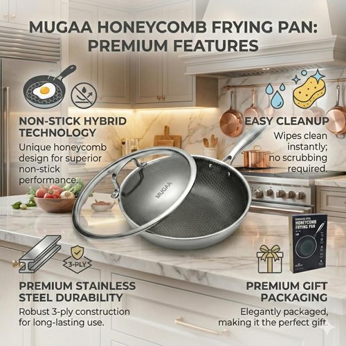MUGAA 10” Non-Stick Stainless Steel Frying Pan with Lid | Honeycomb Hybrid Skillet for Induction, Gas & Electric Stovetops | Oven Safe, Dishwasher Safe | Premium Gift Packaging