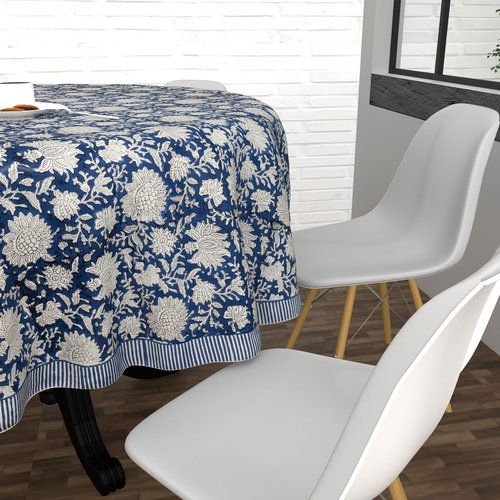 FYNITE Classic Indigo Vine Tablecloth | 90" Inches Round | 100%Cotton | Hand Block Print | Washable | Farmhouse & Fall Decor | Table Cover for Halloween | Thanksgiving | Christmas | Wedding | Parties