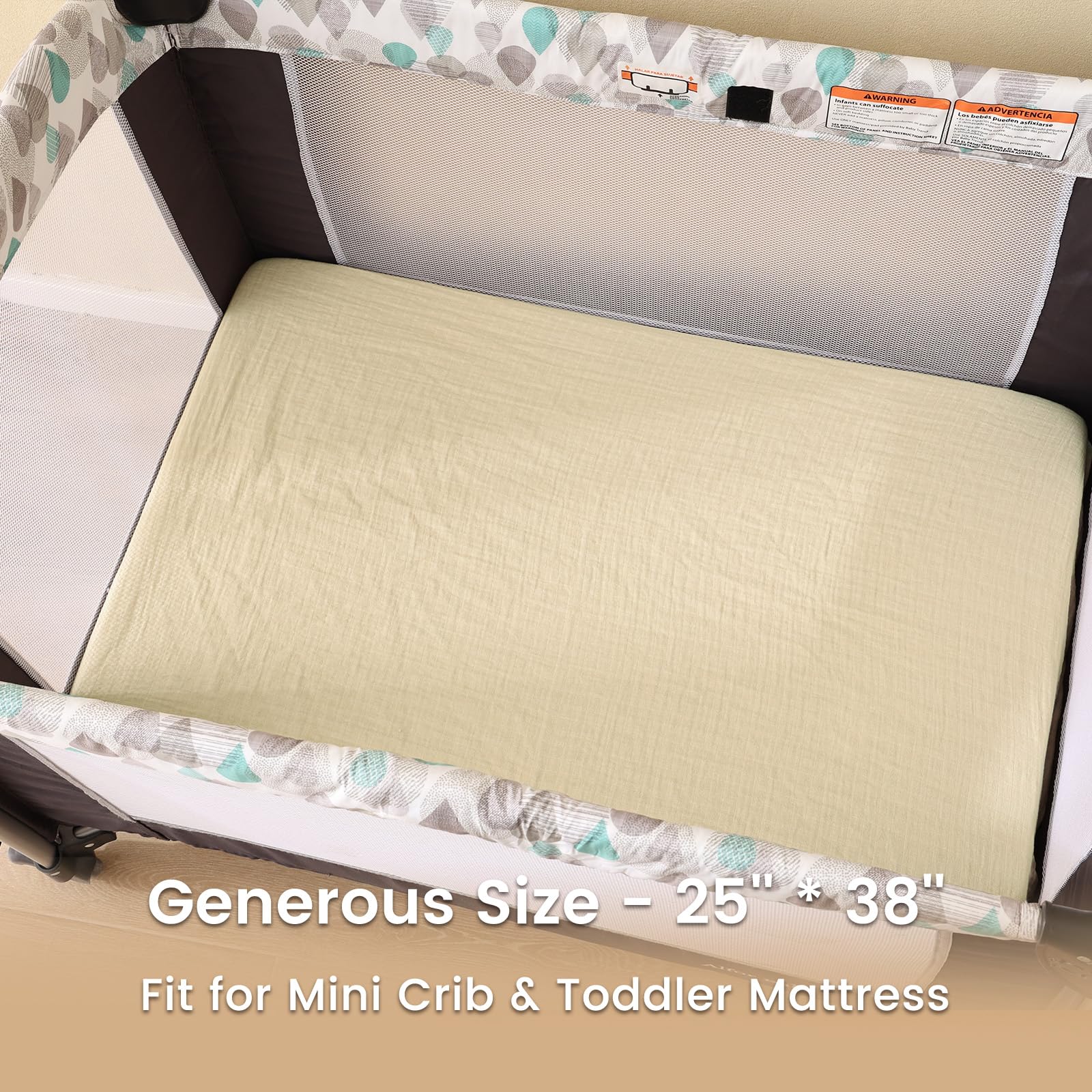 david's kids Muslin Mini Crib Sheets, 2 Pack Cotton Pack N Play Sheets for Boys Girls Neutral, Soft Breathable Baby Sheets Fit Pack N Play, Playard and Mini Crib Mattresses, Beige & Brown