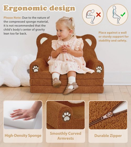 Foryoomi Kids Couch, 2-in-1 Soft Toddler Couch Fold Out with Blanket, Chair Comfy, Foldable Convertible Plush Sofa, Gifts for Kids Girl Boys, Bear