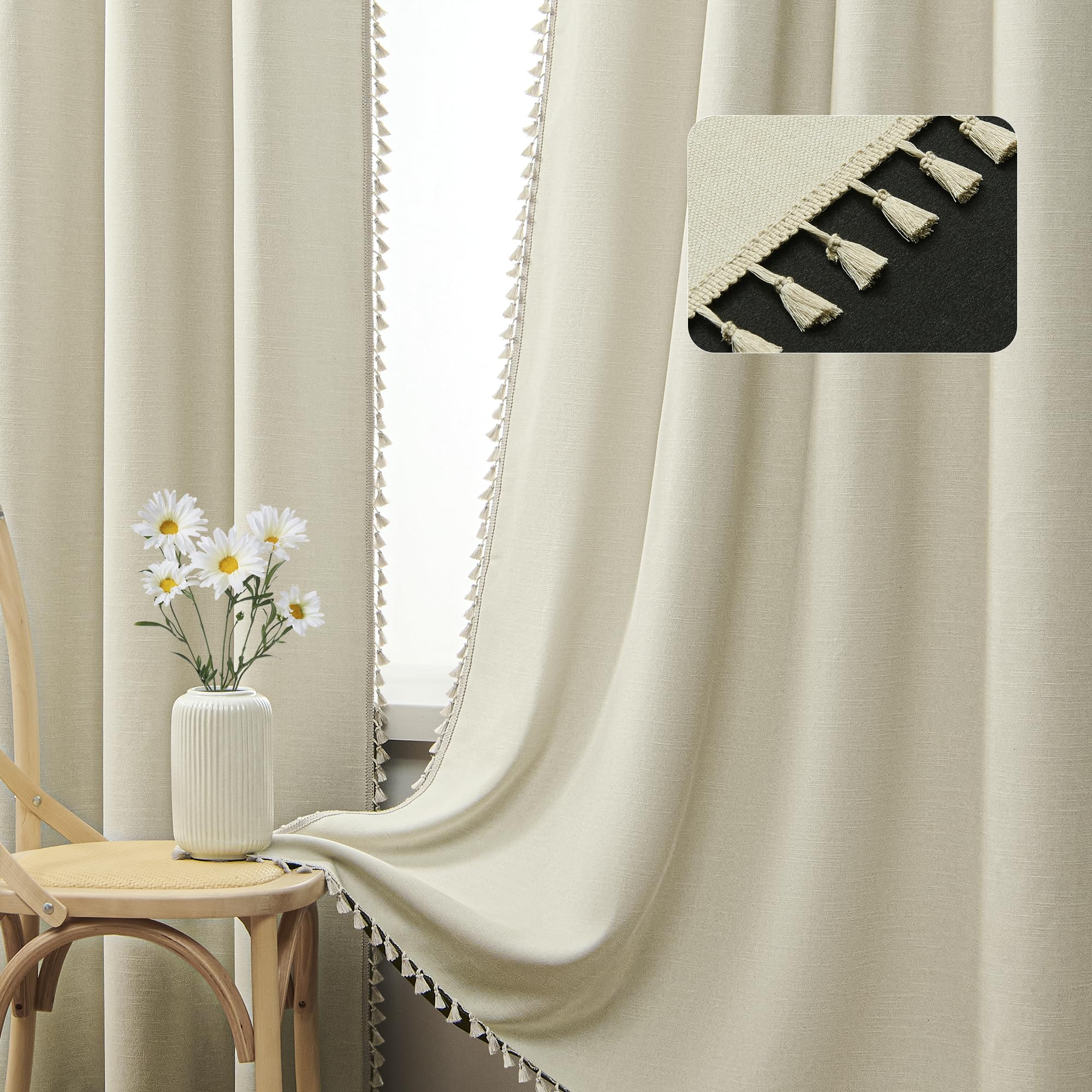 LIMON HOME Linen Blackout Curtains for Living Room 84 Inches Long Boho Black Out Curtains for Bedroom Thermal Insulated Light Blocking Drapes 2 Panels Set Noise Reduction Curtain