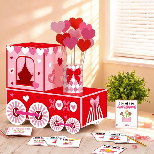 ojustbeok 50 PCS Large Valentine's Day Card Box for Exchange Valentine's Day Train Mailbox for Classroom Exchange Valentine Card for Train Heart Party Favors