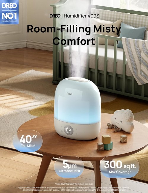 DREO Cool Mist Humidifier - Ultra Quiet 28dB with 30H Runtime & RGB Night Light | Smart Top Fill for Bedroom & Nursery