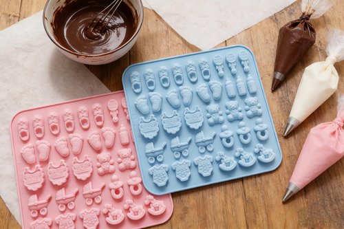 2 Pcs Baby Shower Chocolate Molds, Baby Feet Bottle Carriage Nursing Silicone Molds for Chocolate Candy Gummy Resin Soap Wax Melts Ice Cube Jelly Bite Size