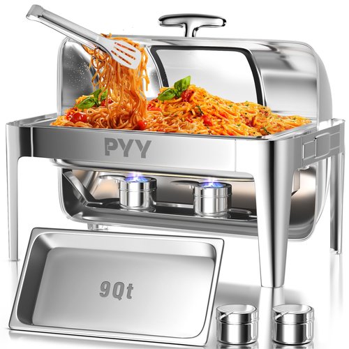 PYY Roll Top Chafing Dish Buffet Set Professional Chaffing Server Set Commercial Chafer 9QT, Chafers for Catering Rolling Buffet Servers and Warmers(Full Size Pan)
