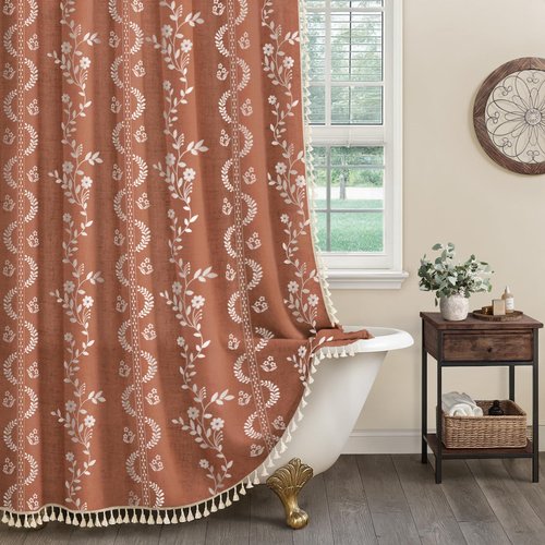 NDDYCU Vintage Boho Terracotta Shower Curtain, Floral Linen Patterned Shower Curtains for Bathroom with Tassels, 72 x 72
