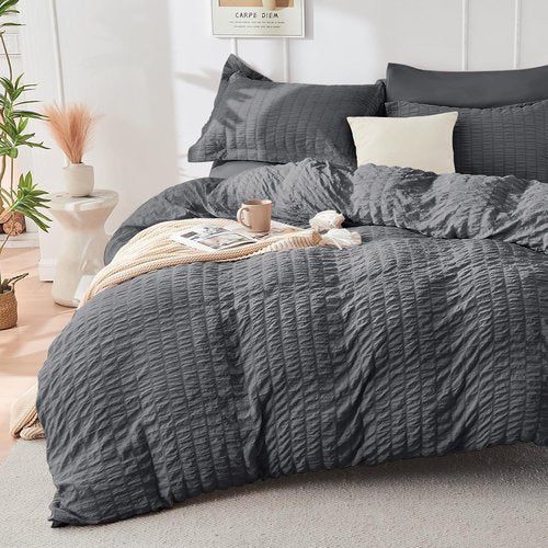 HYMOKEGE Full Size Comforter Set - Luxurious 7-Piece Seersucker Bedding in Dark Grey | All-Season Comfort