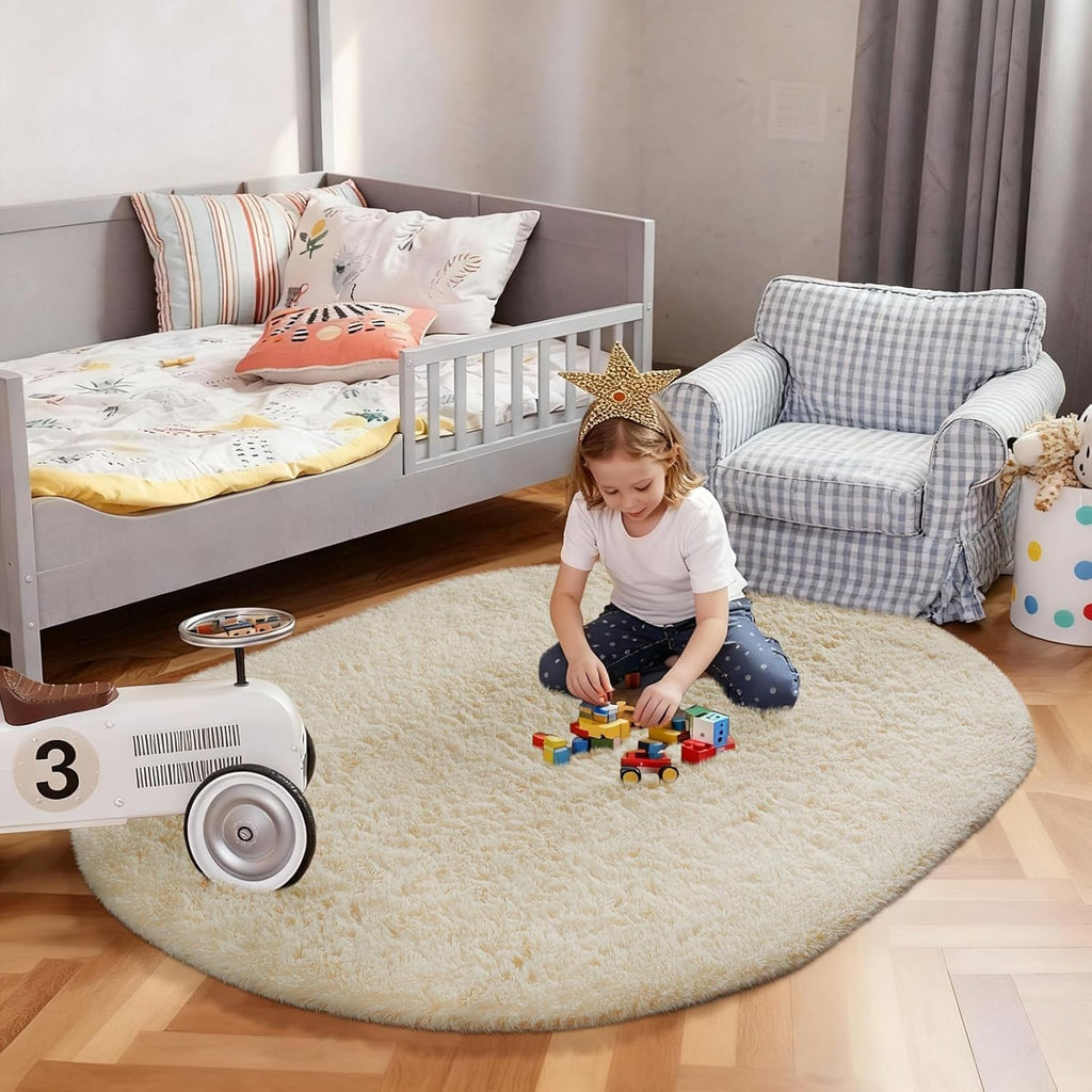 Ophanie 4x6 Oval Ivory Rug - Plush Soft Shaggy Carpet for Bedroom & Living Room Decor