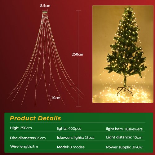Christmas Tree Lights, 400 LED Christmas Light with 8 Light Modes & Memory Function, 8.2FT x 16 Lines String Lights with Timing Function for Christmas Decorations - Warm White