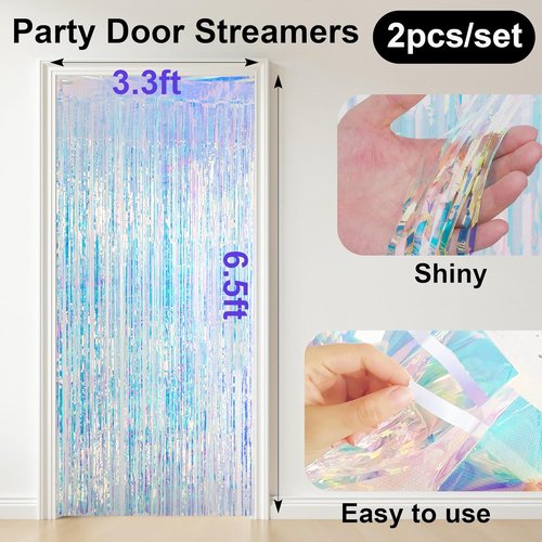 MALANKU Iridescent Streamers - Fringe Tinsel Backdrop Curtain for Mermaid Birthday Parties | 2 Packs, 3.3ft x 6.5ft