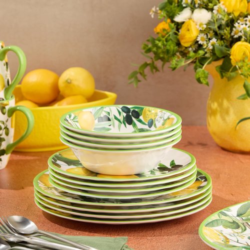 Limone 12-Piece Melamine Dinnerware Set - Citrus-Inspired, Service for 4, Durable, Shatterproof, Dishwasher-Safe Plates and Bowls for Everyday Dining, Outdoor Use, and Entertaining