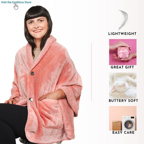 EzrAllora Premium Double Layer Wearable Blanket for Women -No Sleeves- Shawl with Pockets- Wrap Blanket- Gifts for Grandma (Powder Pink)