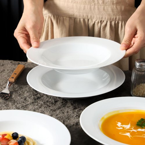 Ceramic Soup Bowls Shallow Plates, Valentine 4 Pack White Dinner Bowls Plates, Porcelain Wide Rim, 8.5 Inch (8.5 oz) Shallow Bowls Ideal for Soup Dessert Salad and Pasta, Microwave and Dishwasher Safe
