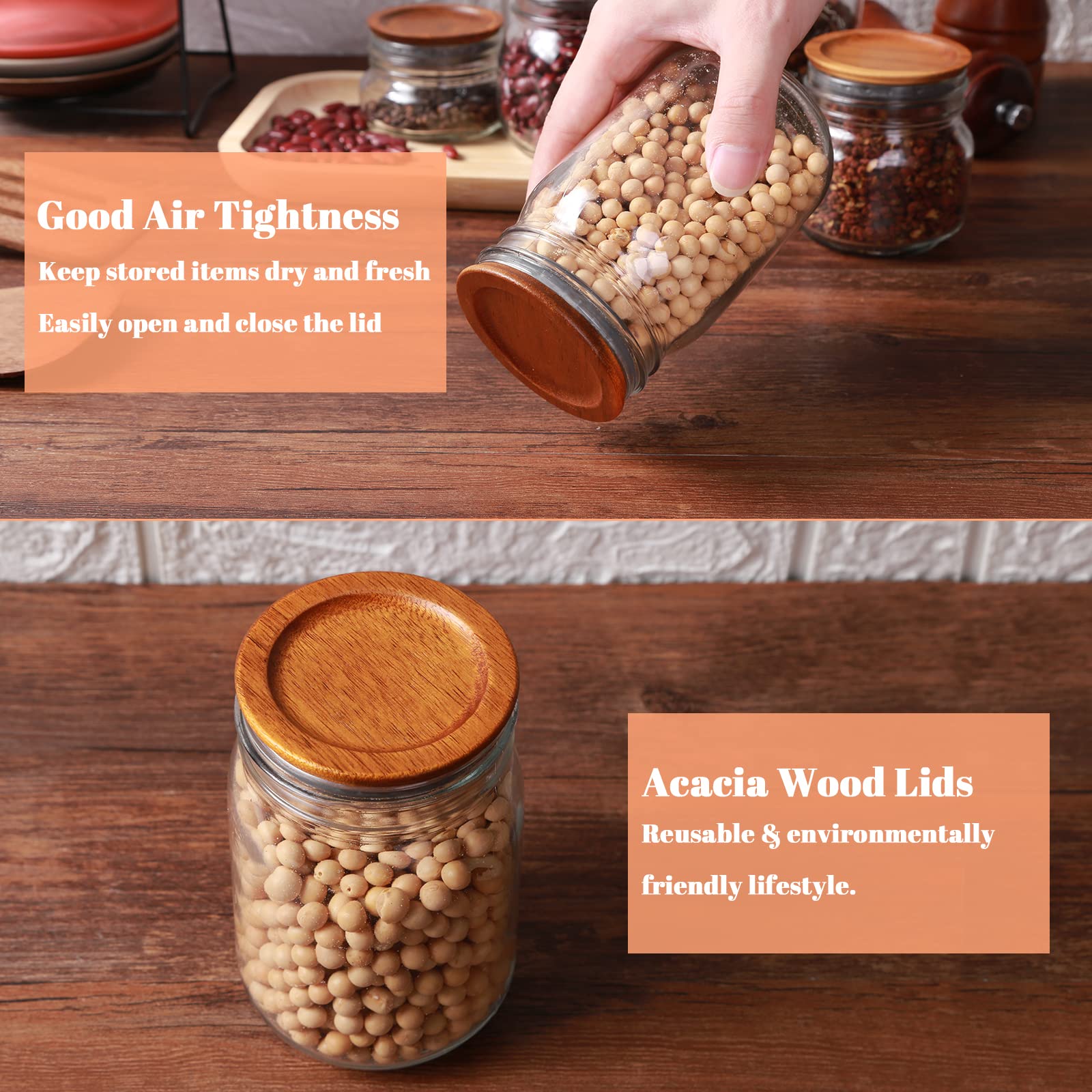 6Pack Wide Mouth Mason Jar Lids Acacia Wooden Storage Canning Jar Lids Ball Jars Bamboo Wooden Lids with Airtight Silicone Seal, Brown