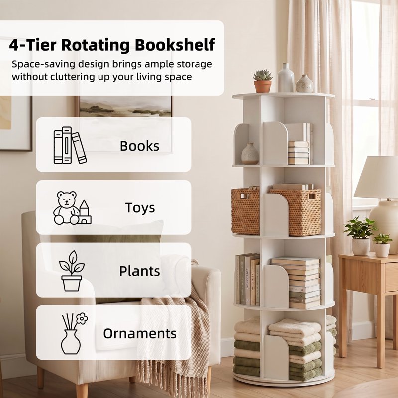 360° Rotating Bookshelf - 4 Tier White Bookcase Storage Rack