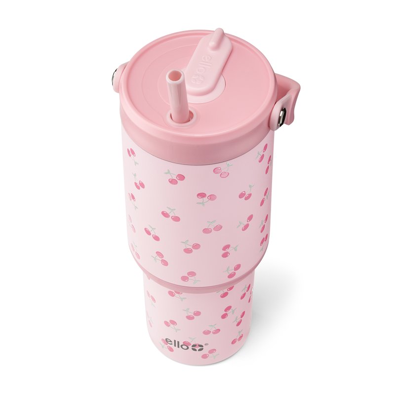 24oz Stainless Steel Tumbler with Retracting Straw - Pink Cherries
