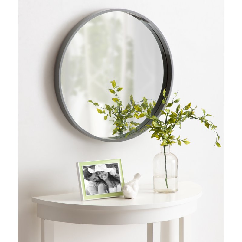 Round Wood Wall Mirror 21.6 Inch Diameter Gray Modern Home Decor