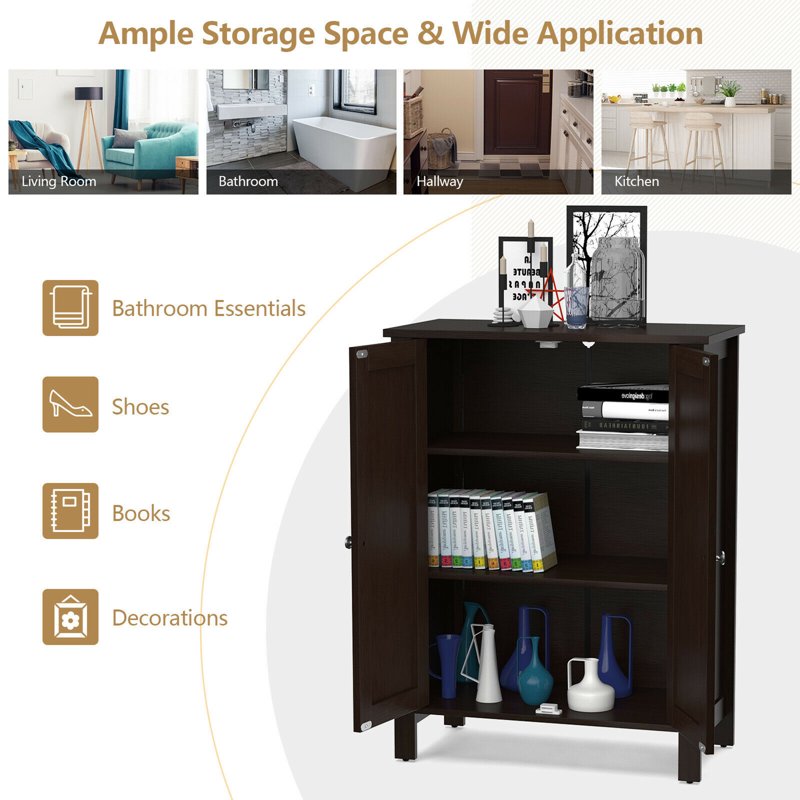 Bathroom Floor Storage Cabinet with 2 Adjustable Shelves - Brown