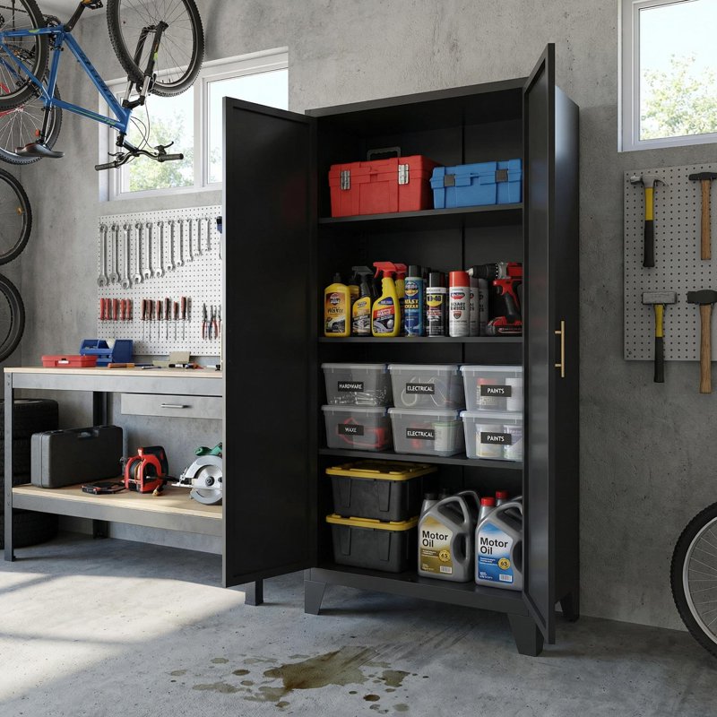 Tall Black Storage Cabinet with Adjustable Shelves - 60.8"