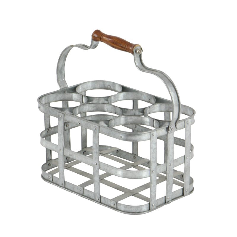 Metal Wine Holder - Gray Galvanized 6 Bottle Caddy - 13" x 7"