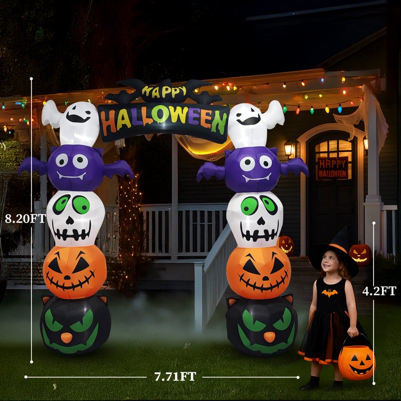 Halloween Inflatable Pumpkin Ghost Archway - 8.2FT with LED Lights, Outdoor Decorations