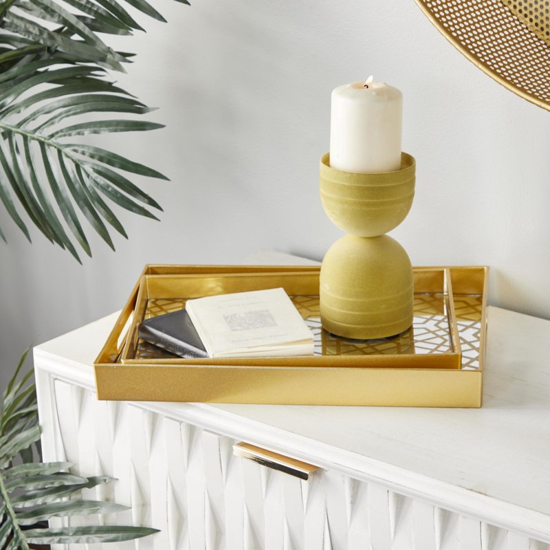 Gold Plastic Mirrored Geometric Tray Set - 14" & 16" - 2 Pieces
