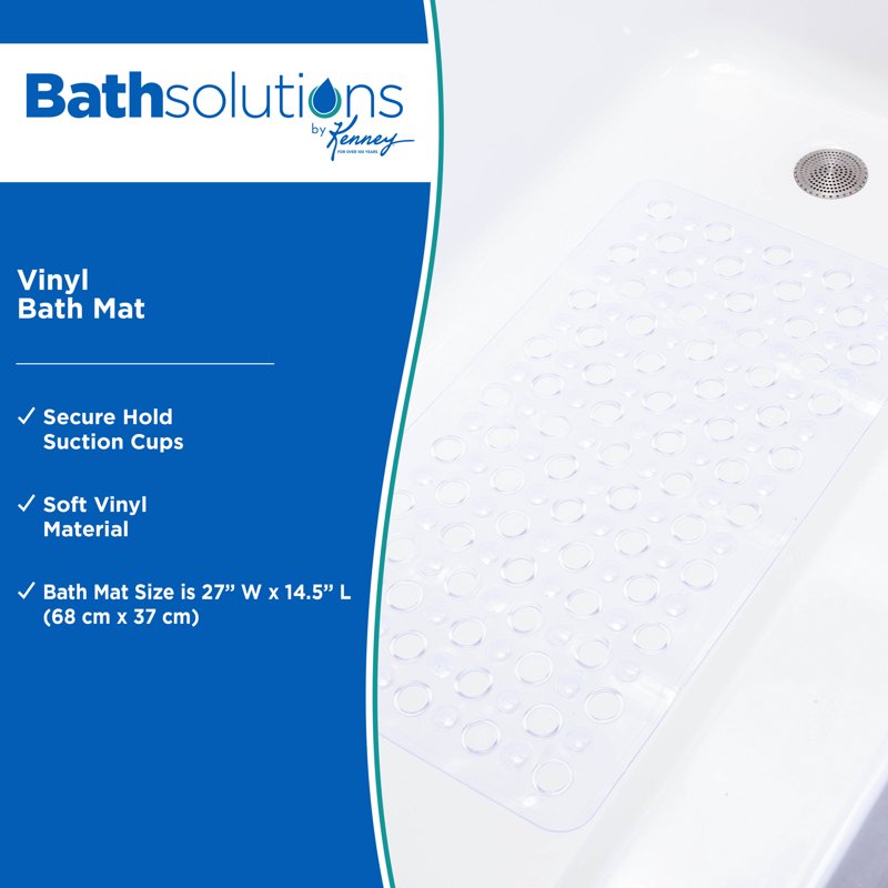Vinyl Bath Mat with Suction Cups & Drain Holes - 27 x 14.5 Inches, Clear