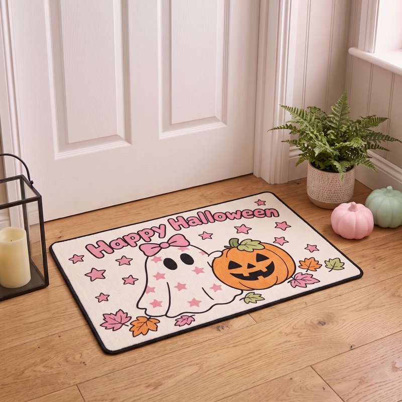 Pink Ghost Halloween Doormat - Cute Welcome Mat with Pumpkins & Stars, Absorbent Diatomite Floor Mat with Rubber Backing, 12_Pink Pumpkin Ghost Mat_L