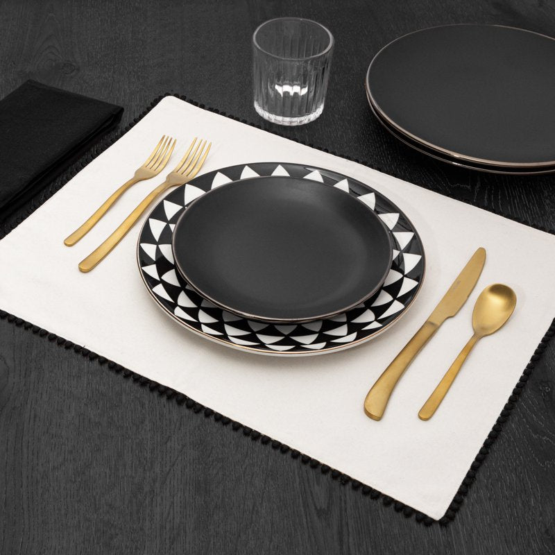 14 x 19 Inch Ivory Placemat with Black Pom Pom Trim - 4 Pack