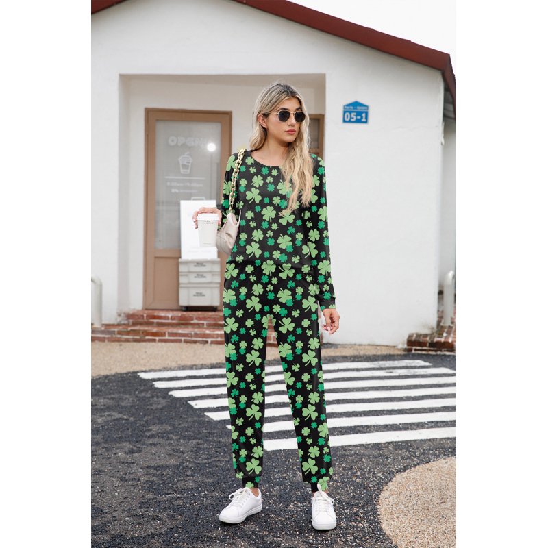 Women's Pajama Set Long Sleeve Lounge Sleepwear with Pockets - Black Green Clover, L