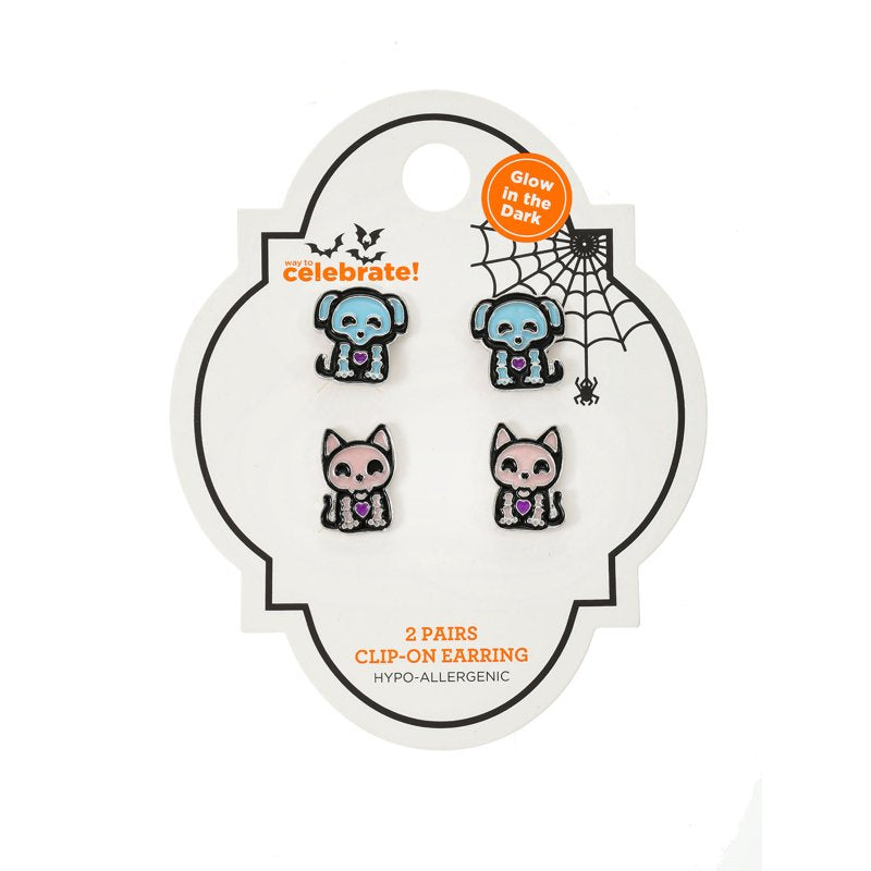 Halloween Skeleton Pet Clip-On Stud Earrings - 2 Pairs Spooky Costume Jewelry