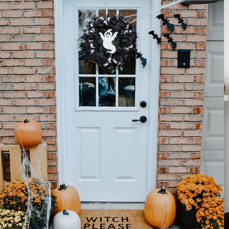 Halloween Ghost Wreath 18 Inch Front Door Decor with Black Ribbon & Ghost Print