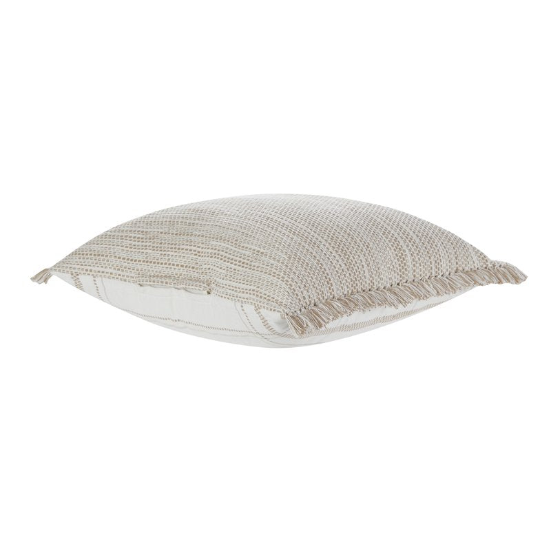 Taupe Reversible Cotton Throw Pillow with Fringe & Plaid Stripes - 20x20 Inches