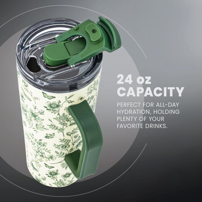 24oz Stainless Steel Luna Tumbler with Handle & Dual Straw Lid - Green Floral