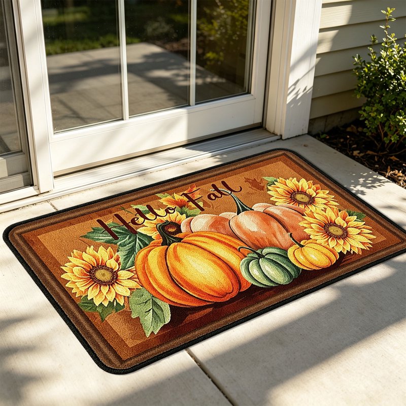 Thanksgiving Harvest Fall Doormat with Pumpkins & Sunflowers - Non-Slip Indoor Outdoor Entrance Decor - Variation Q