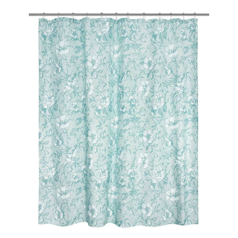 Blue Floral Shower Curtain Bathroom Set with Rug, Hooks, Soap Dispenser & Tray